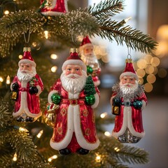 Vintage Christmas Santa Ornaments Handing on Christmas Tree 