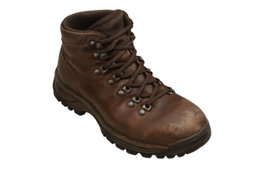 Brown leather hiking boot, durable footwear for trekking, climbing, mountaineering, isolated on transparent background