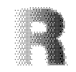 Abstract halftone typography forming the letter R using black and white dots. Modern dotted type design ideal for posters, branding, editorial layouts, typography art, and creative graphic projects.