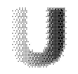 Abstract halftone typography forming the letter U using black and white dots. Modern dotted type design ideal for posters, branding, editorial layouts, typography art, and creative graphic projects.
