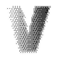 Abstract halftone typography forming the letter V using black and white dots. Modern dotted type design ideal for posters, branding, editorial layouts, typography art, and creative graphic projects.