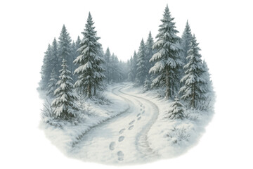 Snow-covered path with footprints winding through a peaceful winter forest of pine trees, transparent background