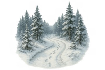Snow-covered path with footprints winding through a peaceful winter forest of pine trees, transparent background