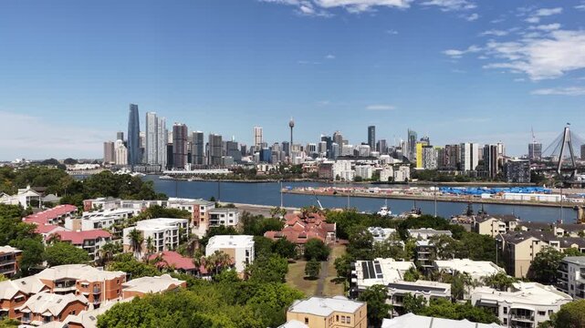 Balmain to Sydney city CBD over Sydney harbour in Aerial cityscape view of Australia.