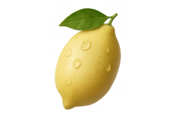 Fresh and juicy yellow lemon with a bright green leaf and dew drops, symbolizing vitality and a nutritious diet, against a clear backdrop