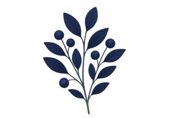 Decorative botanical branch with blue berries and leaves, seamless pattern element, transparent background illustration
