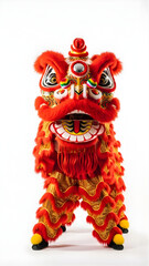 Ornate red and gold Chinese lion dance costume with intricate details, isolated on a clean white background.
