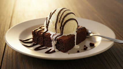 A tempting dessert scene of warm chocolate brownie topped with melting vanilla ice cream for cafe and menu visuals.