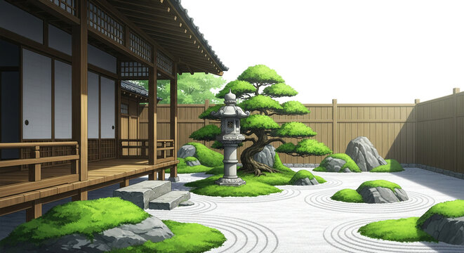 Japanese Zen Garden Design with Bonsai and Stone Lantern.