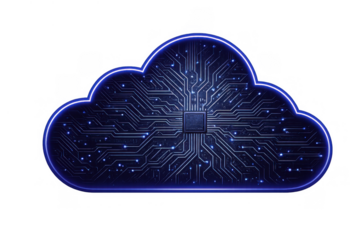Cloud computing data storage and network security with abstract circuit board technology on transparent background
