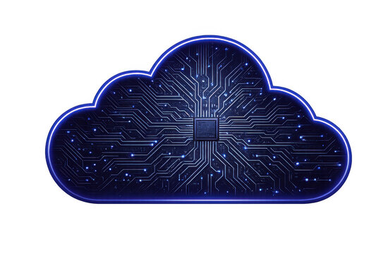 Cloud computing data storage and network security with abstract circuit board technology on transparent background