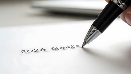 Fototapeta premium Writing down ambitious aspirations for the upcoming year 2026 on a clean white paper with a professional pen