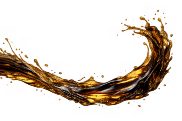 Dynamic brown liquid splash creating an arching wave with droplets, pouring motion on transparent background