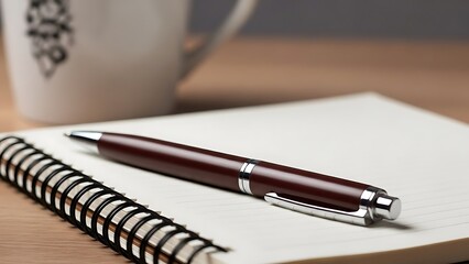 Elegant Pen Resting on a Notebook with a Mug in the Background A Workspace Still Life