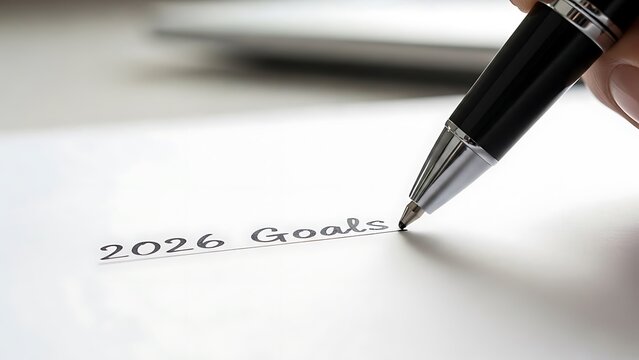 Writing down ambitious aspirations for the upcoming year 2026 on a clean white paper with a professional pen