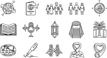 Set of Black Line Art Icons: Arabic Culture, Travel, Communication, Family, Education, Global Connections, and Love Symbols