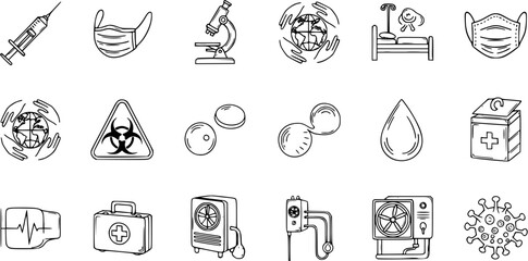 Fototapeta premium Hand-drawn Medical and Healthcare Doodle Icons Set: Syringe, Mask, Microscope, Biohazard, Blood, Virus, and Emergency Symbols