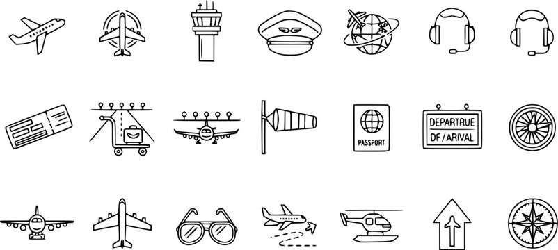 Collection of Thin Line Art Airport and Aviation Icons with Planes, Control Tower, Passport, and Compass