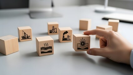 Hand placing wooden block with sun icon among blocks with industrial icons on office table