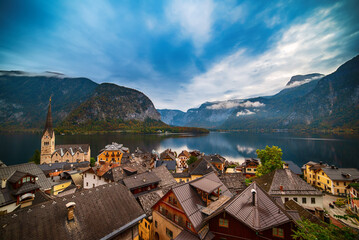 Hallstatt Village and Mountains panoramic view at autumn - Hallstatt, Austria