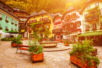 Hallstatt, Austria. The center square of Hallstatt, known as Marktplatz, at autumn