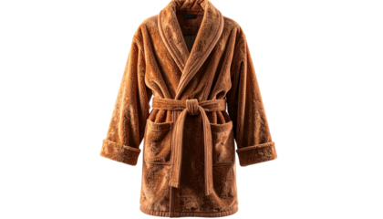 A plush, brown, velvet bathrobe laid flat with a tie, and pockets