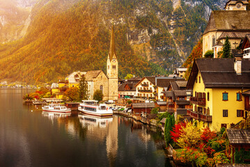 Hallstatt Village, Mountains and Lake with the church at autumn - Hallstatt, Austria