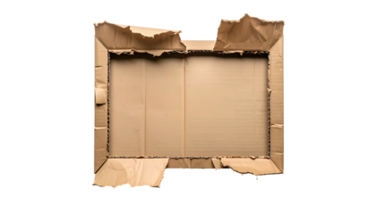 An open, torn cardboard box with a rectangular frame against a solid black background