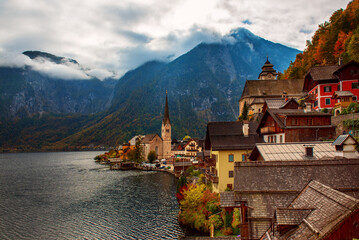 Hallstatt Village and Mountains panoramic view at autumn - Hallstatt, Austria