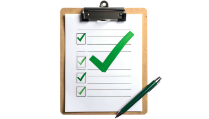 A clipboard with a checklist, several items checked, and a pen to the side