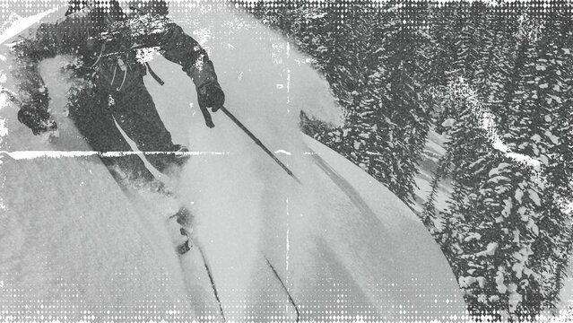 Grunge noise effect black and white ski illustration features a person skiing through a snowy mountain forest scene.