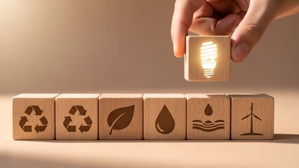 Hand arranging wooden blocks with eco-friendly symbols and a glowing light bulb