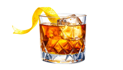 Watercolor rendering of a cocktail in a cut-glass tumbler with ice and lemon twist