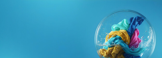 Multi-colored bright clothes rotating in a transparent water sphere on a blue background, symbolizing effective washing.