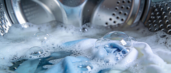 View through washing machine glass of laundry in soap suds and bubbles during wash cycle.