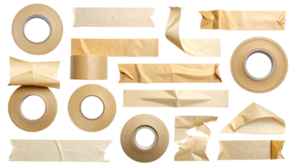 Assorted rolls & strips of adhesive tape on black background. Varying states of use