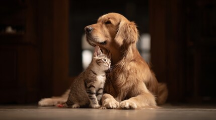 retriever. Golden retriever and kitten together in a heartwarming portrait of friendship. wildlife magazines, conservation campaigns, designed for nature documentaries and education.
