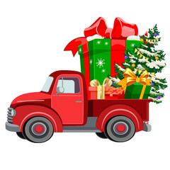 A red car with gifts and a Christmas tree for Christmas and New Year