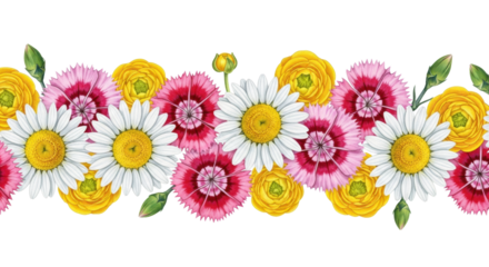highly detailed photorealistic watercolor botanical art illustration of a continuous horizontal border of chamomile, carnation, and buttercup flowers, isolated flat lay on white. clean summer nature