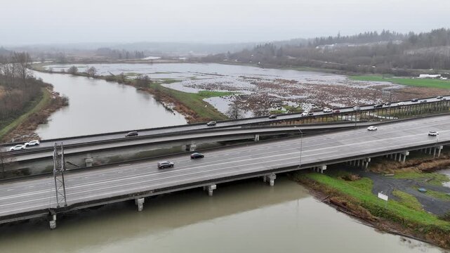 Aerial view of flood water after the Snohomish river rose to elevated levels and caused flooding in farm land. 