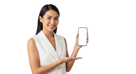 Young asian businesswoman in a tailored white vest holds a blank thin-bezel smartphone, presenting confidently against an infinite white studio background, trustworthy mobile application advertising