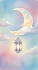 Obraz premium Watercolor Crescent Moon and Lantern in Pastel Sky.