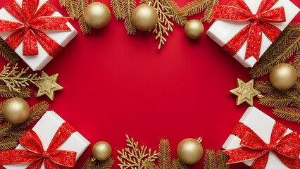 Festive Holiday Gift Arrangement, Red Background, Christmas Celebration, Photo, Cheerful Environment, Top-Down View, Joyful Concept