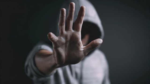 Person In Grey Hoodie Holds Hand Up To Camera In Dark Room Dramatic Lighting