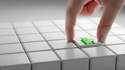 Hand selecting a green checked tile from a grid of white tiles