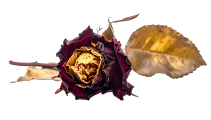 A close-up of a decaying rose with a golden leaf against a stark black background
