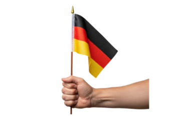 a mature hand firmly grasping a miniature german flag on a mahogany pole, isolated on a transparent studio background, ultra-photorealistic, high-detail product photography. concept of national pride