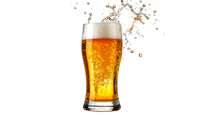 A refreshing pint of amber beer with foam and spray on black background