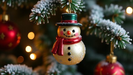 Snowman ornament handing on Christmas tree close-up