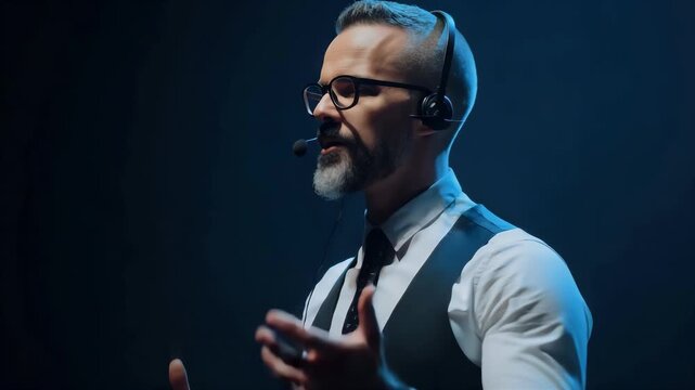 Professional Man With Short Beard And Glasses Wearing A Vest And Tie Speaking